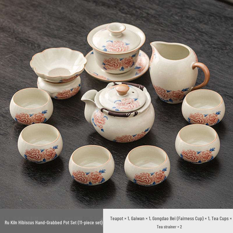 High-grade Beige Ru Kiln Hibiscus Ceramic Tea Set – Includes Teapot, Teacups, and Teaplate for Kung Fu Tea Ceremony, Suitable for Home and Office.