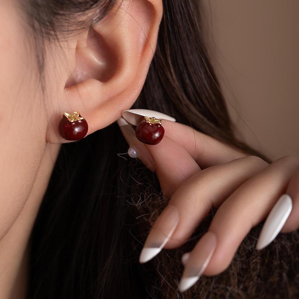 2024 Burgunderrote Ohrringe mit Schleife: Silbernadel, eleganter chinesischer Stil für Neujahr und Frühlingsfest