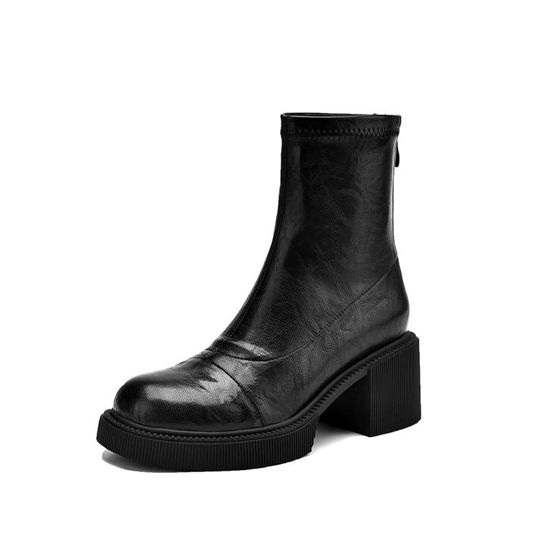 Krazing Pot Microfiber Autumn Winter Shoes Chunky Heels Size 40 Round Toe Zipper Retro Waterproof Stretch Ankle Boots