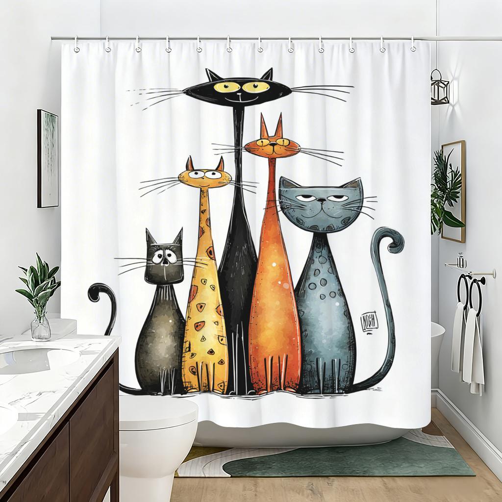 Charming Floral & Cartoon Cat Printed Polyester Shower Curtain - Fun & Stylish Bathroom Decorative Curtain For Home