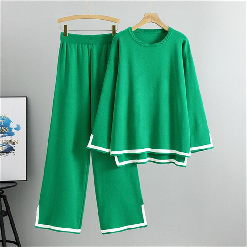 

Вязаный костюм женский осенне-зимний с длинным рукавом, разрезом и широкими брюками, свитер, комплект из двух предметов One Size зелёный