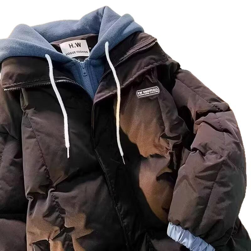 Men's Trendy Windproof Hooded Cotton Jacket - Autumn/Winter Japanese Style, Solid Color, Versatile and Casual Two-Piece Look