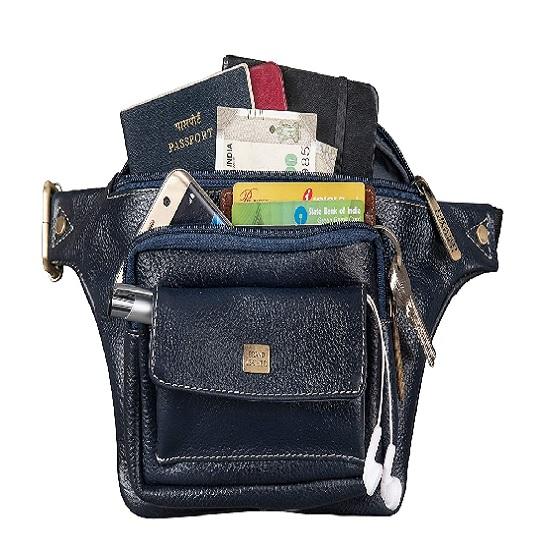 NOORA BLUE LEATHER Stylish Waist Bag Elegant Style Travel Pouch Passport Holder with Adjustable Strap
