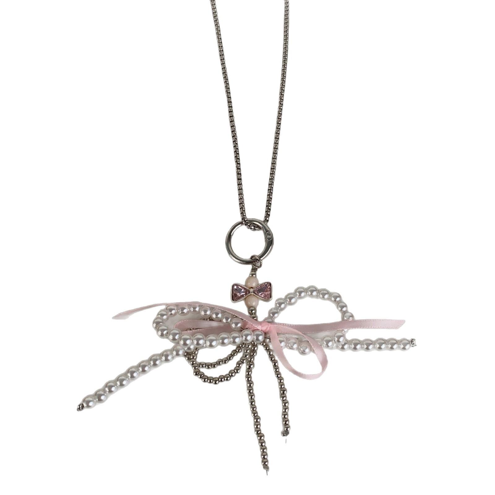 

Sweet ballet style mobile phone chain pink bow hanging chain pearl female Korean ins style pendant jewelry necklace