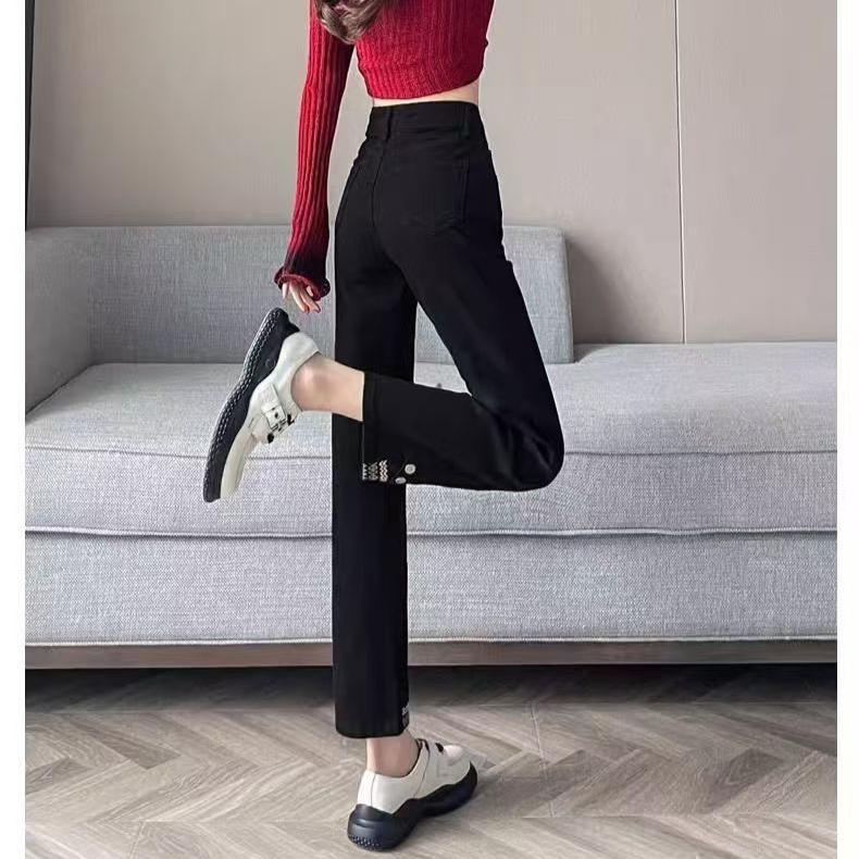 Vintage Slim Zigarettenjeans Damen Hohe Taille Stretch Chinesische Stickerei Gerades Bein Hose Herbst