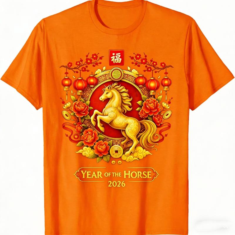 Chinese New Year 2026 Year of The Horse Lunar New Year 2026 TShirt Crewneck Leisure streetwear Allmatch Regular short sleeve