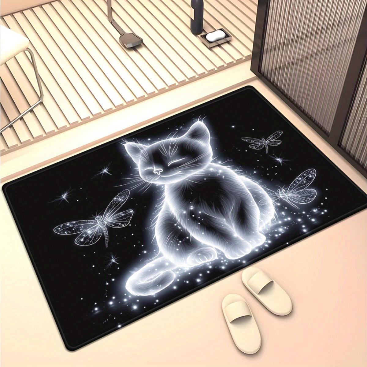 

Glowing cat dragonfly starry night rug mystical black background luminous animal art modern home decor fantasy theme 50x 80cm