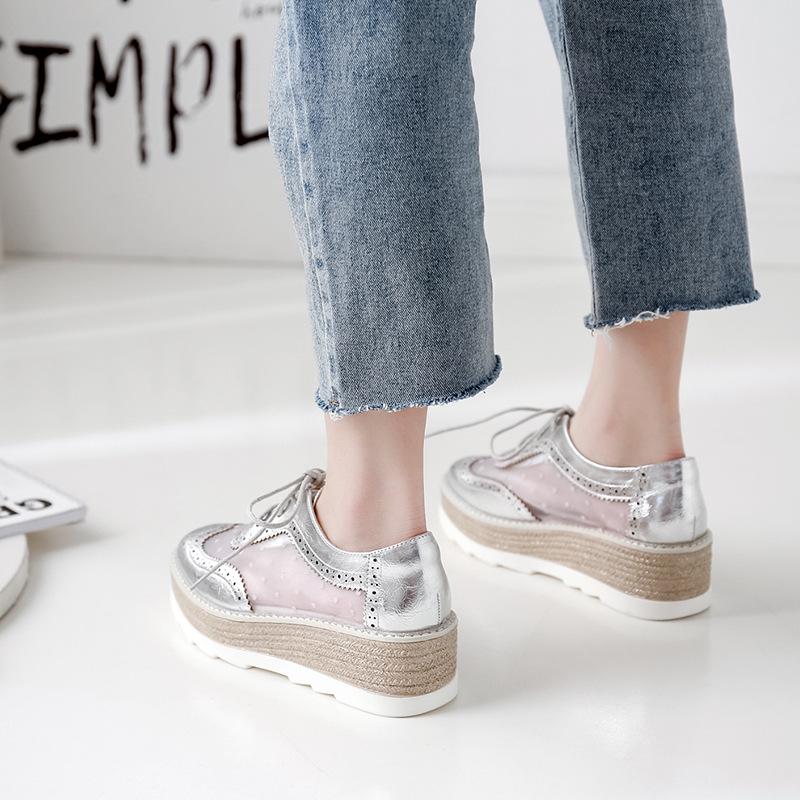 Fashion Summer Crepers air mesh polka dot brogue shoes women breathable loafers wedges lace up carved pattern bullock flats woman 2025