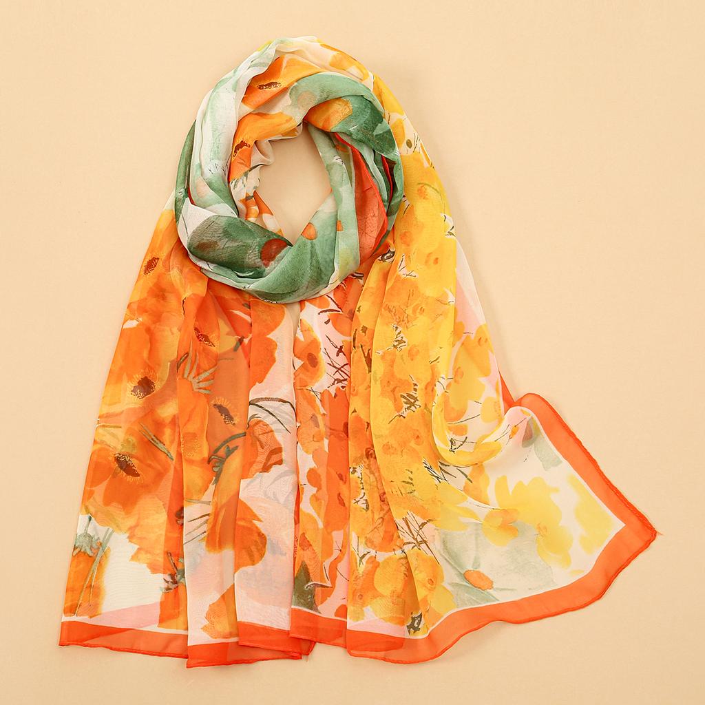Georgette Floral Printed Shawl Chiffon Silk Scarf Lightweight Neck Scarf Summer Neck Sun Protection Silk Scarf Shawl 160*50cm