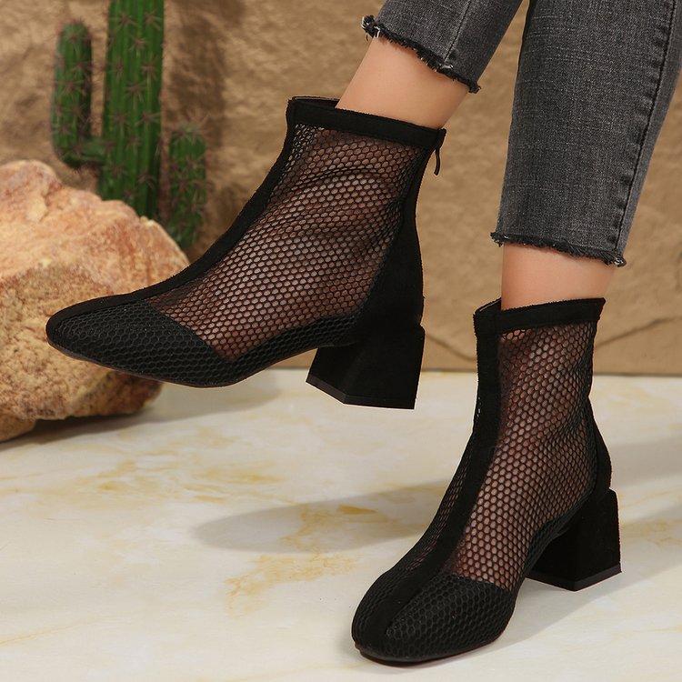 

Fashion 2024 Summer Boot Zapatos Chaussures Femme Zipper Square High Heel Leopard Woman Shoes Women Mesh Suede Ankle Boots Size 43 36