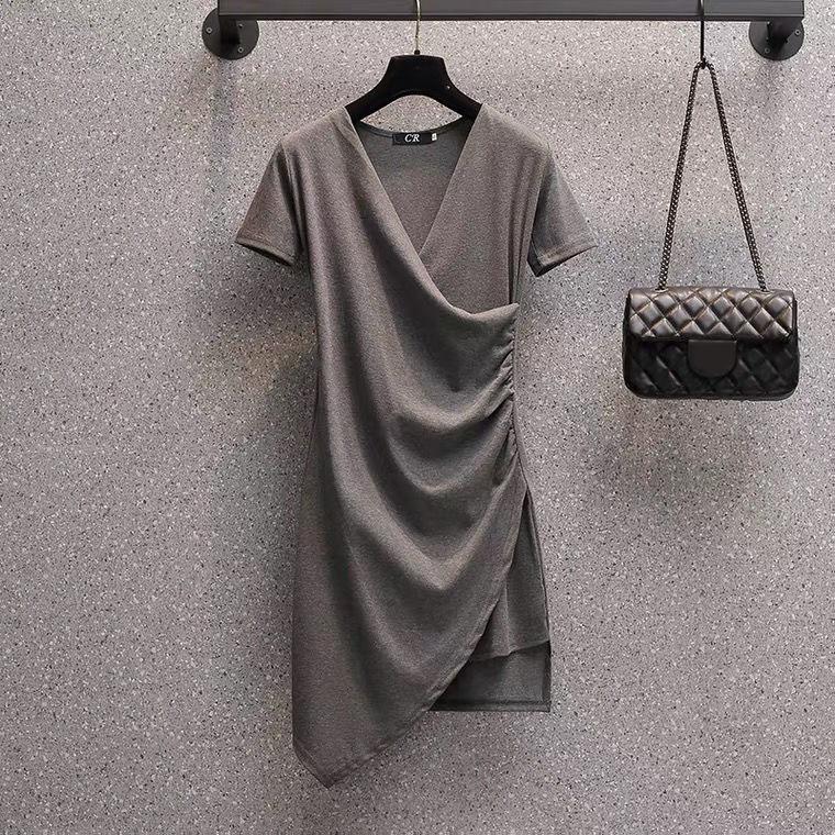 

WTEMPO Женское летнее корейское элегантное платье с талией, облегающее однотонное однотонное короткое платье с v-образным вырезом и складкой на бедрах S серый
