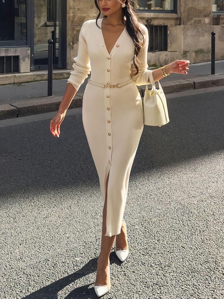 Elegantes europäisches und amerikanisches Damen-Strickkleid lang mit Knöpfen vorne und Gürtel