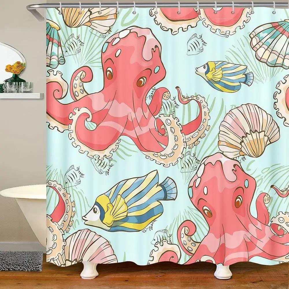 Vibrant Sea Life Watercolor Print Water-Resistant Shower Curtain With Colorful Shells And Fish For Ocean-Themed Bathroom Decor