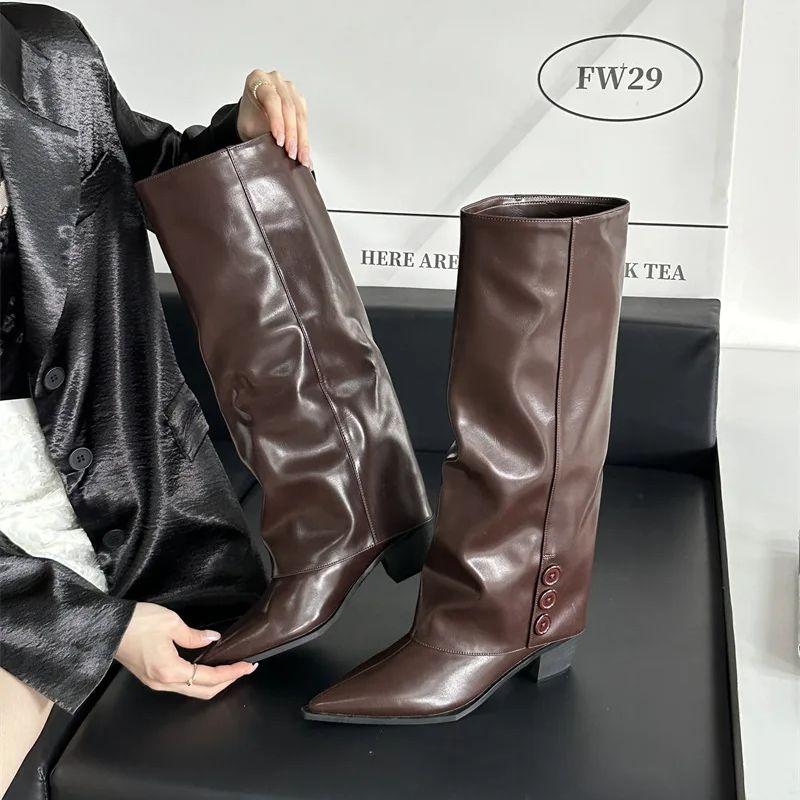 IPPEUM Brown Knee High Cowboy Boots For Women Chunky Heel Shoes 2024 New Women Pipe Boots