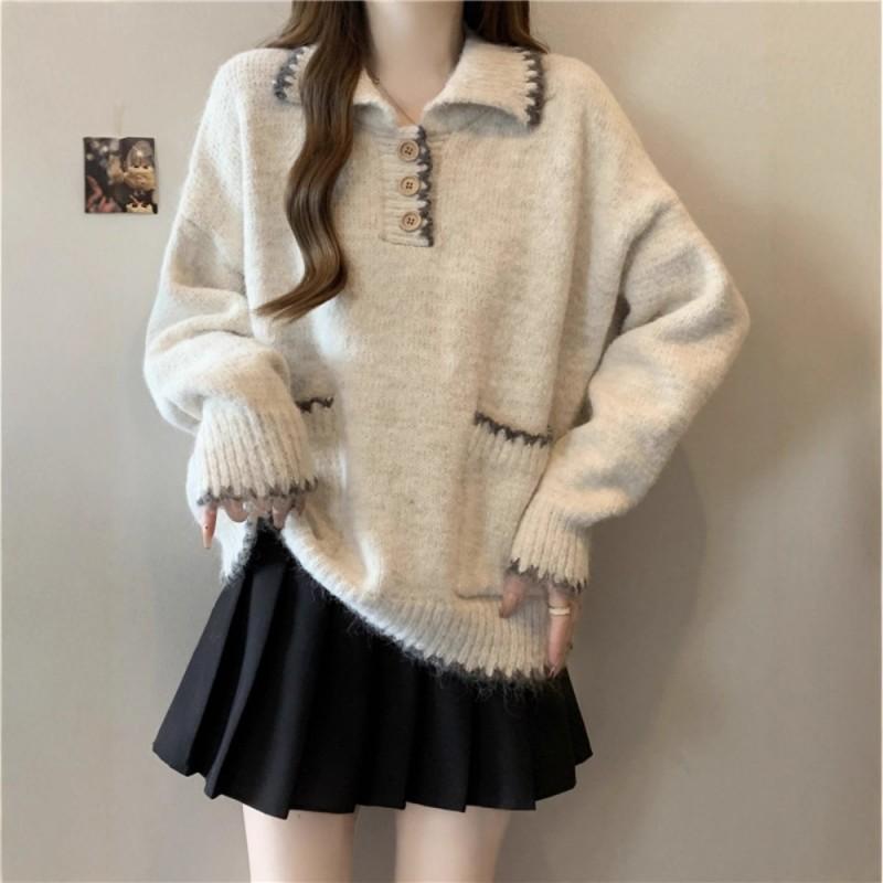 Loose Oversized Polo Neck Knit Sweater Women Plus Size Fall Winter Slim Fit Base Top
