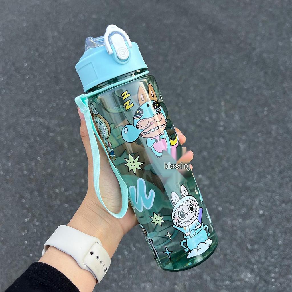 Labubu Cartoon Straw Water Cup for Kids with Lanyard
