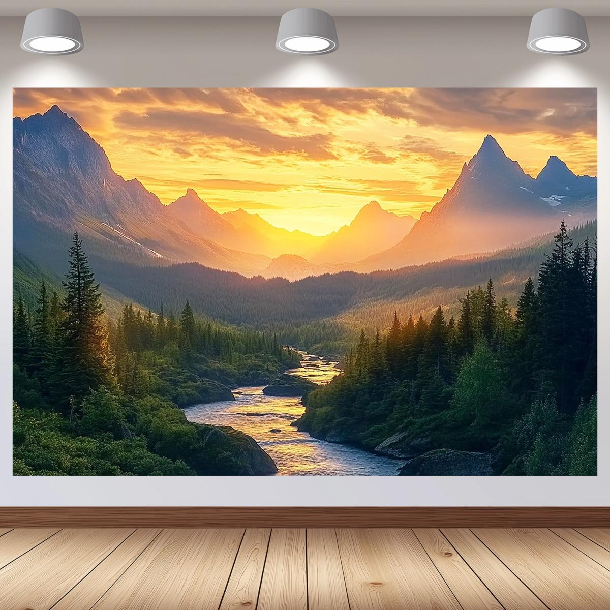 1pc Serene Mountain Landscape Tapestry  Vibrant Sunset Sky  Lush Forest Wall Hanging Polyester Material Perfect for Room Dec 74x94cm(29x37in)