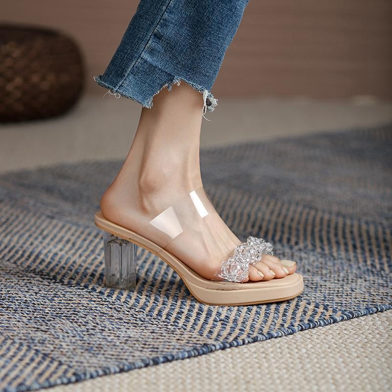 

Transparent sandals women s 2025 summer new versatile small size outer wear slippers crystal temperament waterproof heel shoes 39