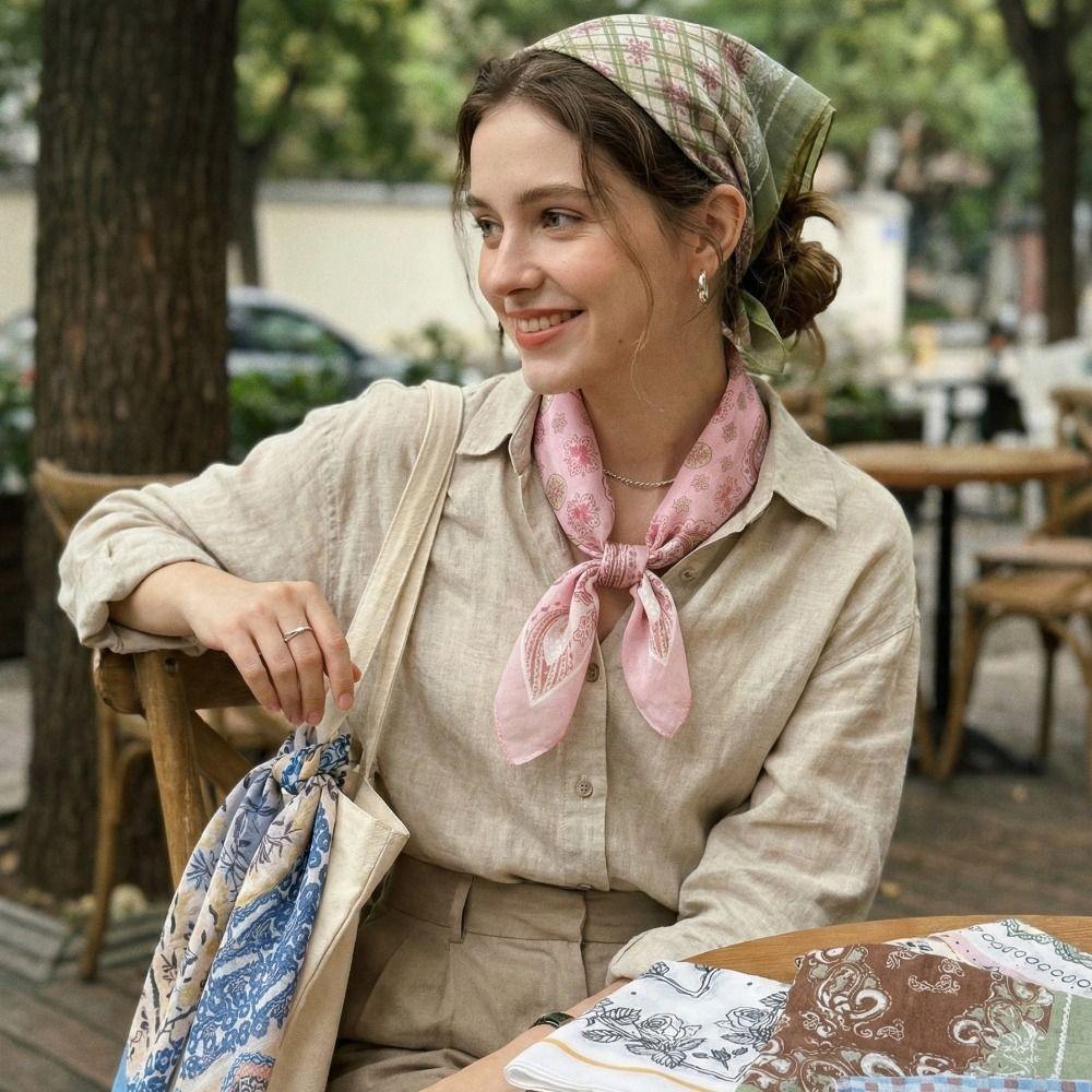 Floral Cotton Linen Print Scarves Cashew Square Handkerchief Simple Small Square Scarf  Outdoor