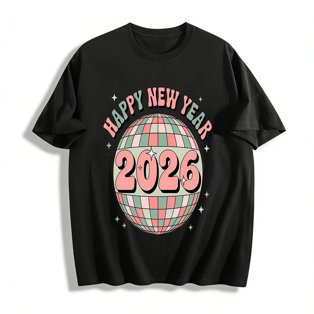 2026 Happy New Year Retro Disco Ball Graphic Casual Top Pure cotton T-shirt XXS