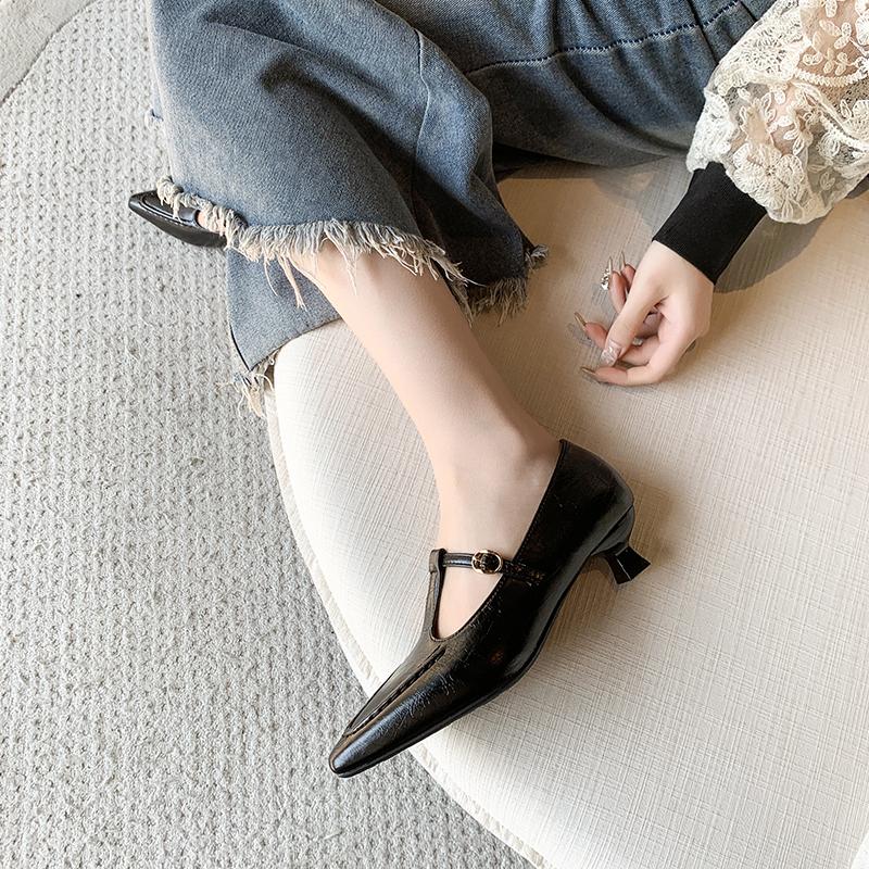 Fashion Elegant Pointed Toe Mary Jane Shoes Women's Spring Autumn New Style Thin Medium Heel Leatherette Single Shoes Buckle Strap
