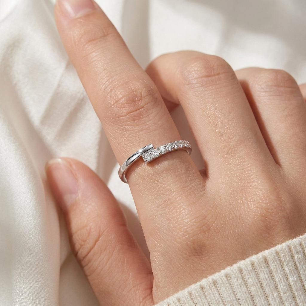 S925 Sterling Silver Adjustable Asymmetrical Diamond Ring - Minimalist, Cool, Intellectual Women's Accessory.