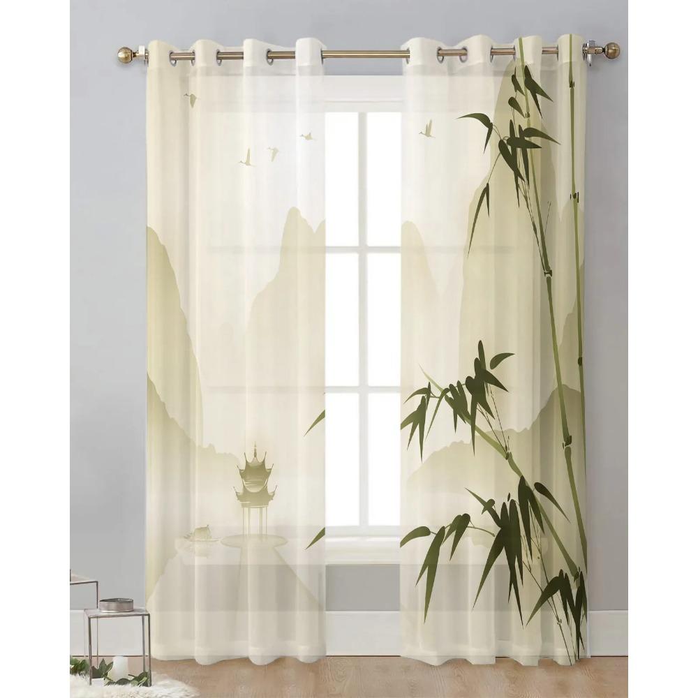 Zasłony tiulowe w stylu chińskim z motywem gałęzi bambusa do dekoracji salonu, zasłona okienna do sypialni, woalowe zasłony organzowe