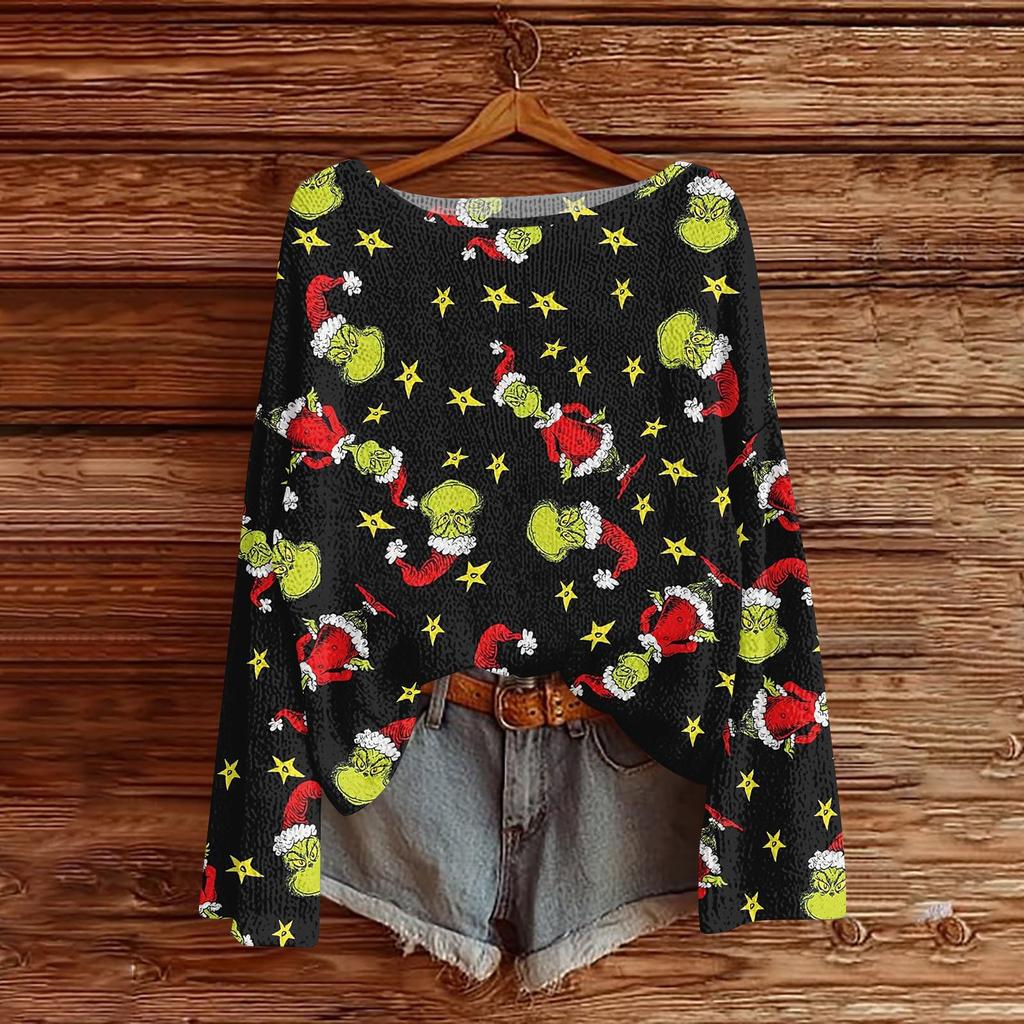 Womens  Fall Sweaters Long Sleeve Print Tops Pullover Sweaters Loose Dressy Casual Basic Clothes