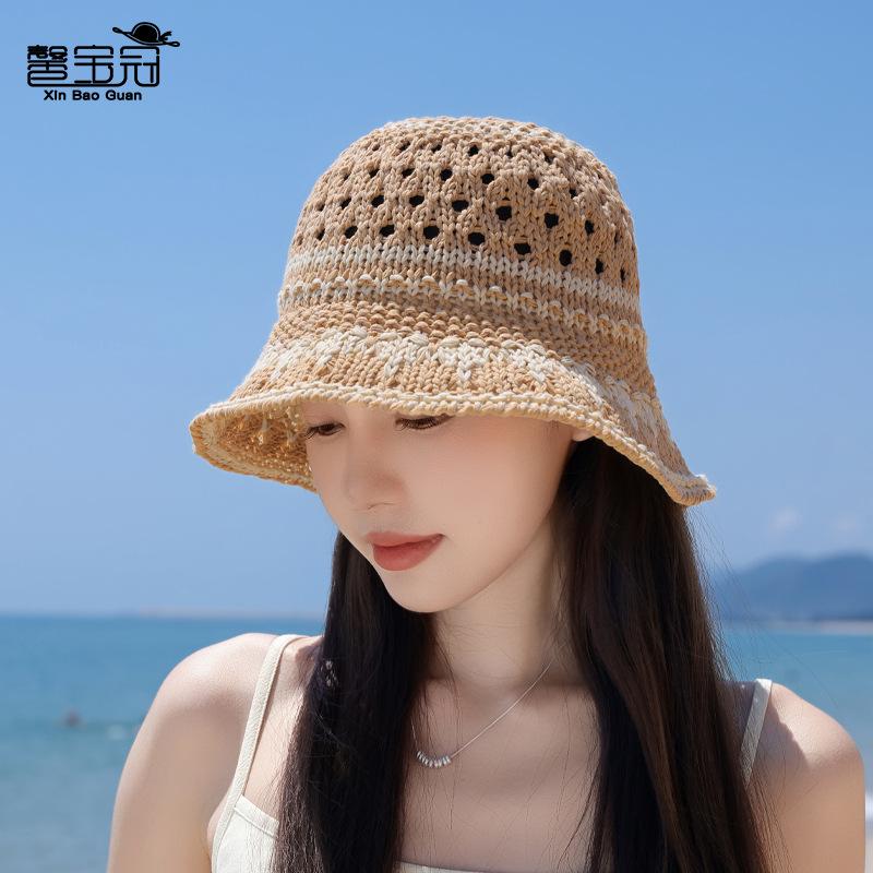 Fashion bucket hat casual versatile washbasin hat summer knitted hollow breathable sunscreen bucket hat