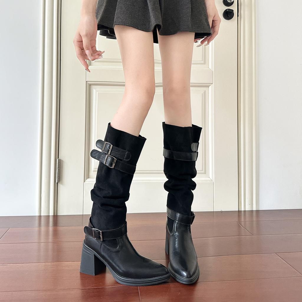 Autumn and winter new pants boots long boots stacking boots thick heel knight boots female spice girl belt buckle high heel high boots
