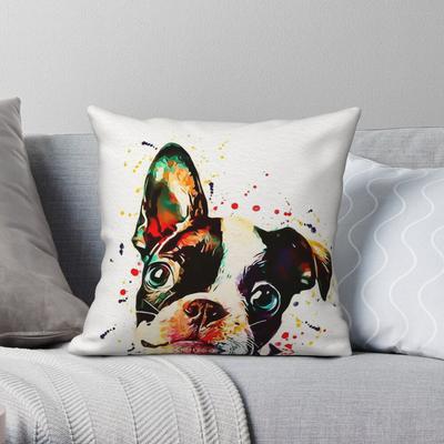 Boston Terrier Watercolor Square Pillowcase Polyester Linen Velvet Creative Zip Decor Sofa Cushion Cover 45X45