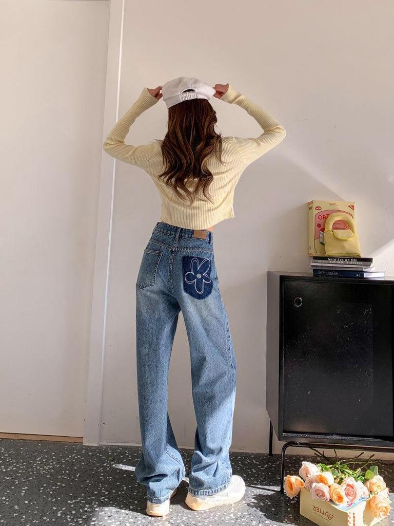 High Waist Wide Leg Jeans with Contrast Leather Patches & Floral Embroidery for Women