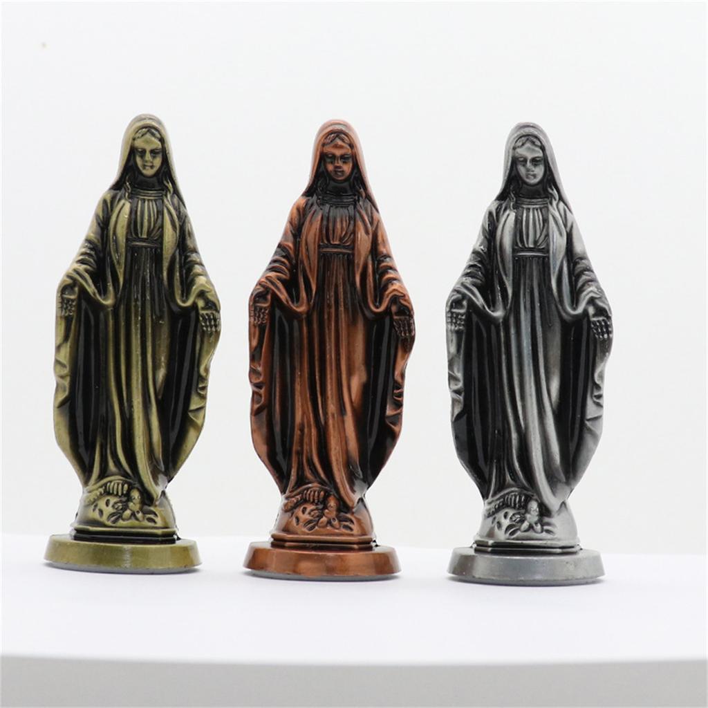 Antike Stile Metall Maria Stehende Miniatur Statue Christlicher Schmuck Religiöse Figur Skulptur Tischdekoration