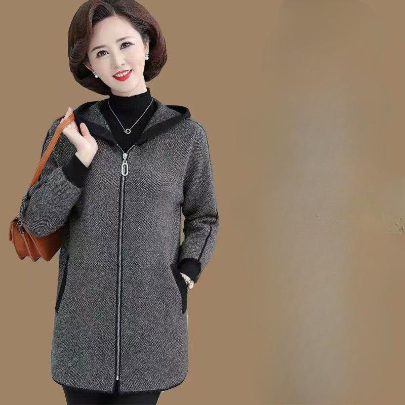 Middle Age Women Hooded Cardigan Spring Autumn Casual Coat Mom Long Sleeve Warm Wool Jacket Outerwear
