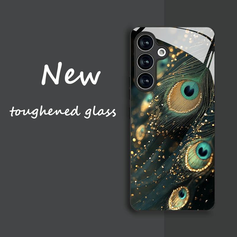 Peacock Feather Pattern Tempered Glass Phone Case Suitable for Samsung Galaxy S26 S25 S24 S22 S21 S20 FE/Ultra/Plus Dustproof