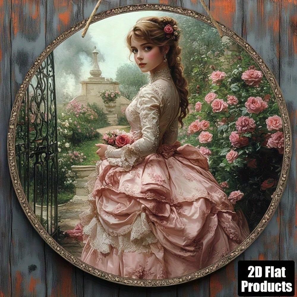 Vintage 2D Plane Round Wood Board Wall Art 8x8, Retro Woman Painting Metal Sign for Home Decor Kitchen Cafe Bar Living Room