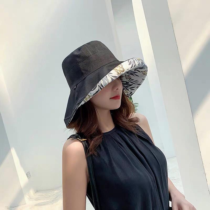 Hat Female Double-sided Japanese Internet Celebrity Travel Visor Sun Protection Big Brim Face Bucket Hat Women Summer Double-sided Can Wear