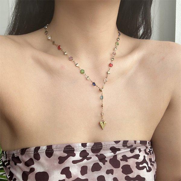 Trendy Gold Silver Color Glass Long Y-Shaped Heart Necklace Metal Collarbone Chain Party Bohemian Body Party Jewelry Gifts