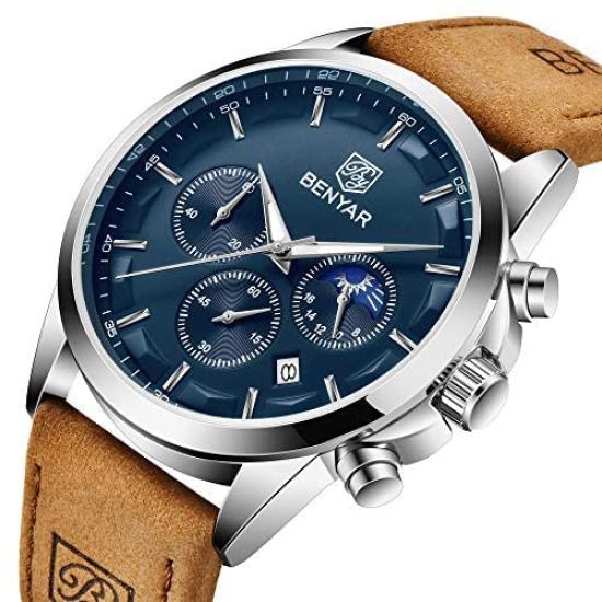 BENYAR Chronograph Watch with Leather and for Business and Formal Wear Men's Multi-Calendar Strap, Water-Resistant Scratch-Resistant Brown-Blue Dial,