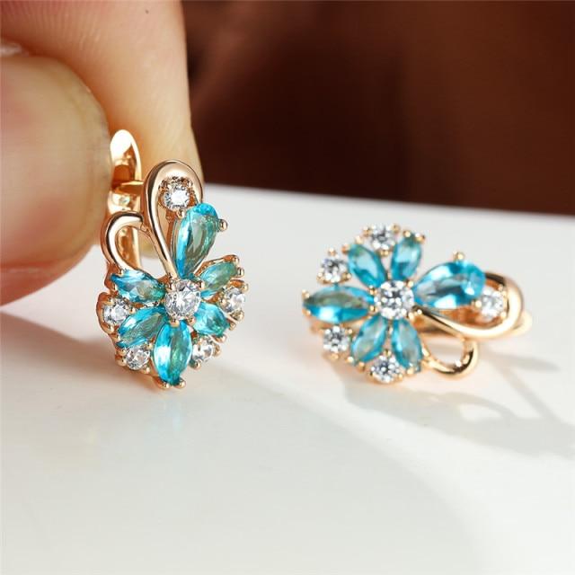 

Женские милые серьги-бабочки в виде цветка, свадебные серьги цвета розового золота, серьги-кольца из разноцветного циркония с радужным кристаллом для женщин аква голубой
