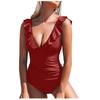 Women Swimwear V-neck Solid Color Ruffled One-Piece Swimsuit