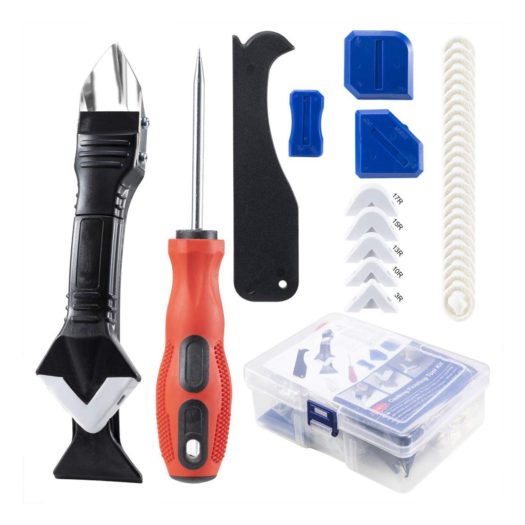 3 in 1 Silicone Caulking Tool Sealant Finishing Tool with Grout Scraper Scratch Awl 6 Exchange Silicone Pads 25 Finger Cots