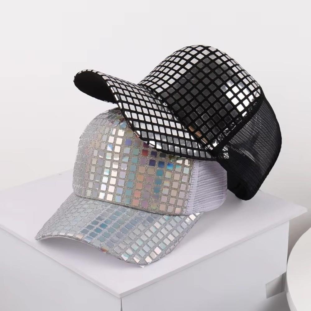 Fashion Shiny Baseball Cap Lightweight Breathable Sunshade Hat Plaid Decorated Duckbill Cap Beach Travel