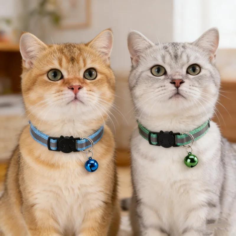 Reflective Breakaway Dog Cat Collars with Bell Safety Buckle Adjustable Soft Kitten Collar Pet Accessories for Cats Kittens