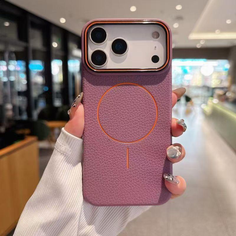 Apple 17promax thin ring magnetic mobile phone case iPhone16 large hole 15 lychee pattern 14 anti-drop 13 protective case