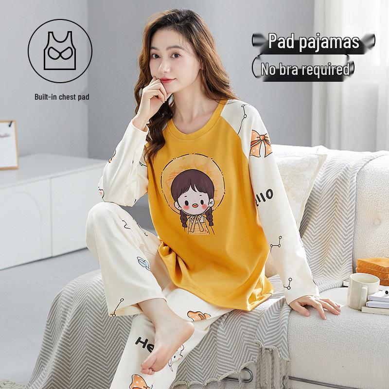 

Женская хлопковая пижама с длинным рукавом 2025 года с мультяшным дизайном и вкладышами для груди - Универсальная для дома или улицы весной, осенью и зимой. XL [110-125 lbs]