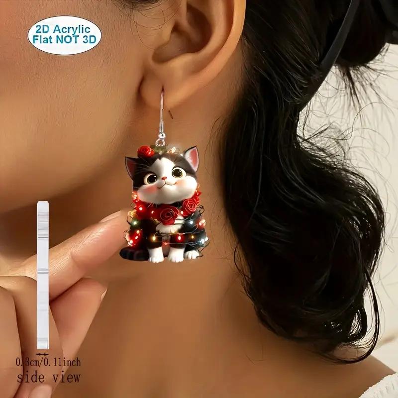 Cross-border new Christmas cat earrings flat acrylic with flower wreath luminous kitten earrings jewelry