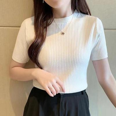 Fashion New Summer Short Sleeve Black White Knitted Sweaters Pullovers Women Tops O-Neck Slim Knitted Women Sweater Pullover JJ31