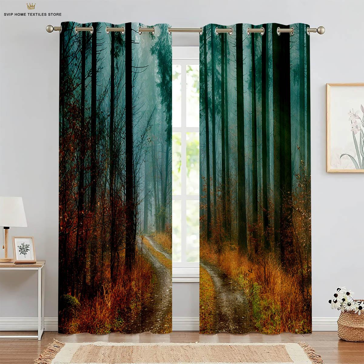 

Шторы Woods Natural Scenery с 3D-печатью, полиэфирное волокно, машинная стирка, спальня, гостиная, кухня, комплект из 2 предметов W50X130H(CM)X2PCS&Rod pocket