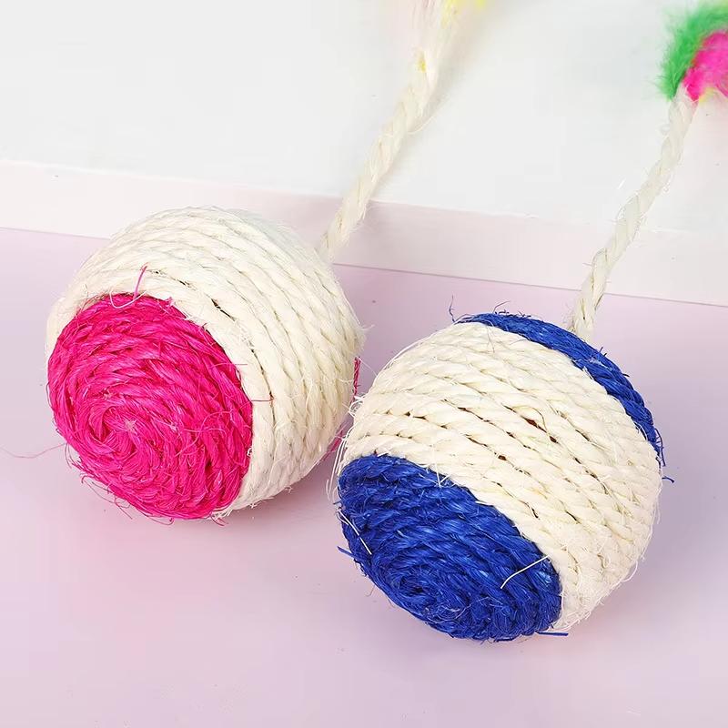 1/3pcs Pet Cat Toy Sisal Scratching Ball Training Interactive Grinding Claw  Toy Belt With Colored Feathers Pet Sisal Toys